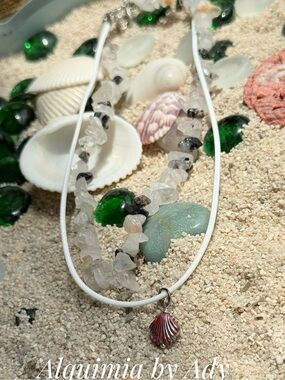 White and black moonstone layers Beach Shell Necklace with Pink Shell Charm